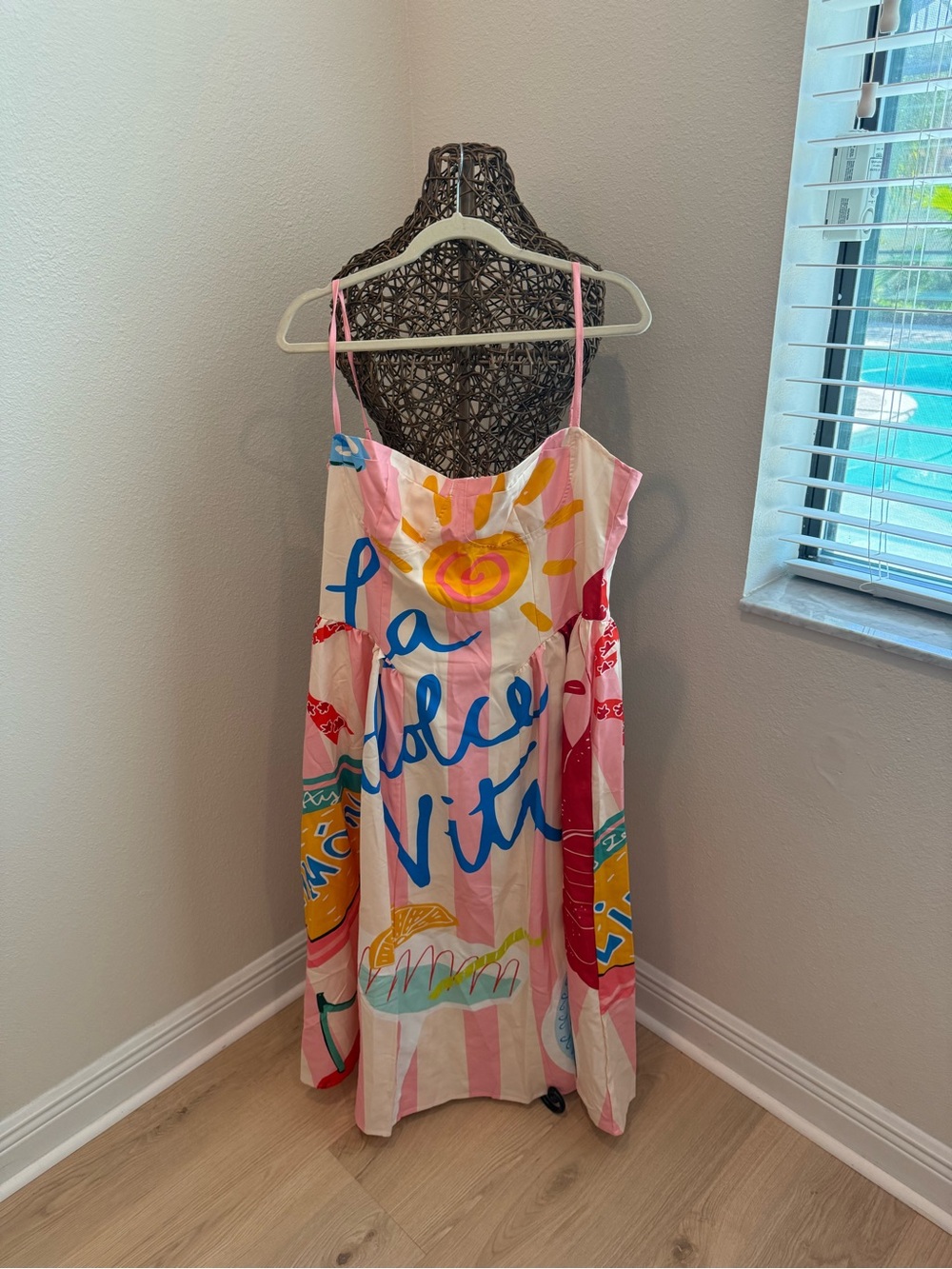 Striped Pink Graphic Sundress with Bright Multicolor Print